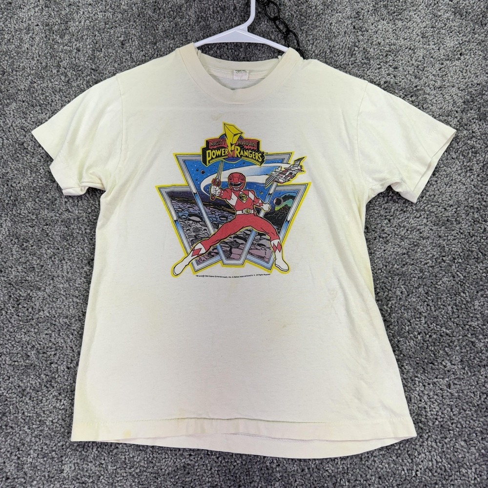 Vtg Fruit Of The Loom Shirt Kids Large 10-12 White Power Rangers Red 1994